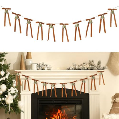 Khaki Christmas Jingle Bell Garland with Bows - Rustic Holiday Decor