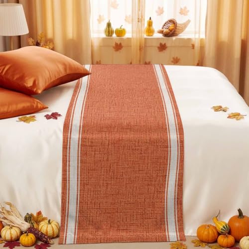 Burnt Orange Stripes Bed Runner for Twin Size Beds - 71 x 20 Inches Linen Decor