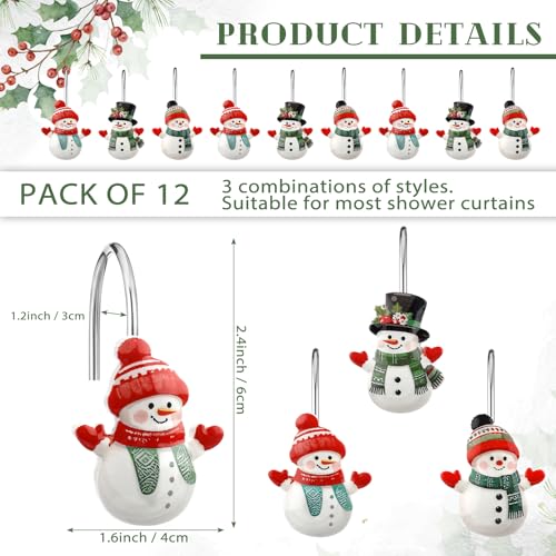 Christmas Snowman Shower Curtain Hooks Set - 12 Decorative Bathroom Accessories