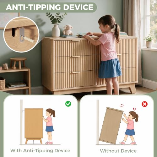 Jocoevol Fluted 6-Drawer Dresser with Gold Handles, Natural Finish