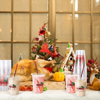 Christmas Party Disposable Plastic Cups with Lids and Straws - 50 Pack