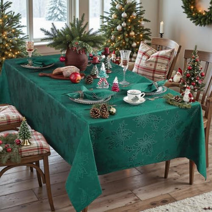Christmas Green Poinsettia Tablecloth 60 x 120 Inch Rectangular Jacquard Polyester