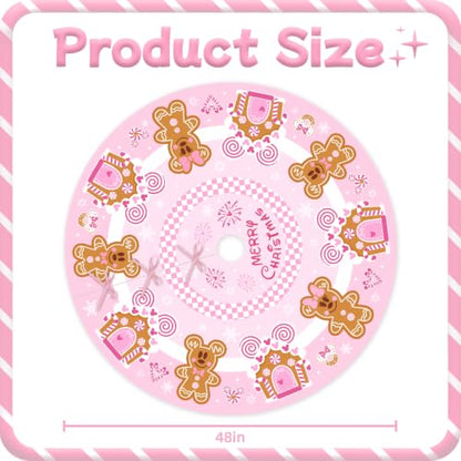 Pink Gingerbread Christmas Tree Skirt 48 Inch Holiday Decor for 6-7.5FT Tree