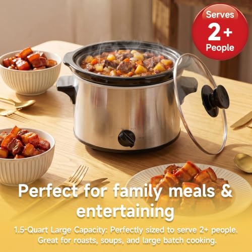 Small Slow Cooker 1.5 Qt for 1-2 People - Silver, Adjustable Heat