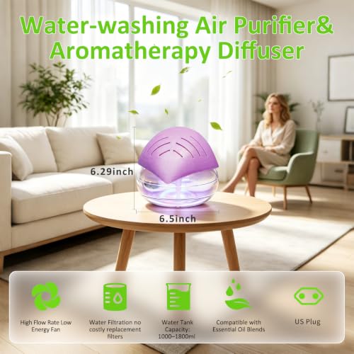 Purple Water Filter Air Washer with Essential Oil Diffuser & LED Mood Light - Home & Office