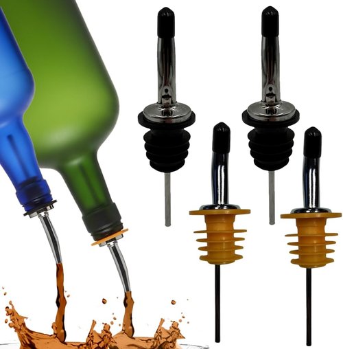 Liquor Pour Spouts with Dust Caps for Bottles, 4-Pack of 2 Sizes, Free Flow for Accurate Shots, Leakproof, No Drip Flow Control for Whiskey, Vodka, Tequila, Home & Bartender Use, USA Made
