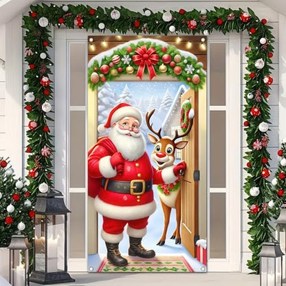 Christmas Door Cover Santa Reindeer Winter Wonderland 35x71 Inch Polyester