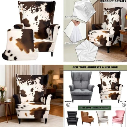 Brown Cow Print Wingback Chair & Ottoman Cover Set - Stretchy Furniture Protector