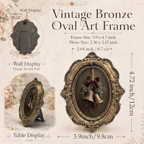 Vintage Small Oval Picture Frame 3.9x4.7 Inches with Jingle Bells Accent