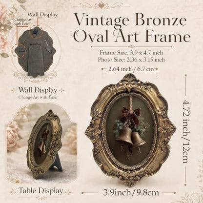 Vintage Small Oval Picture Frame 3.9x4.7 Inches with Jingle Bells Accent