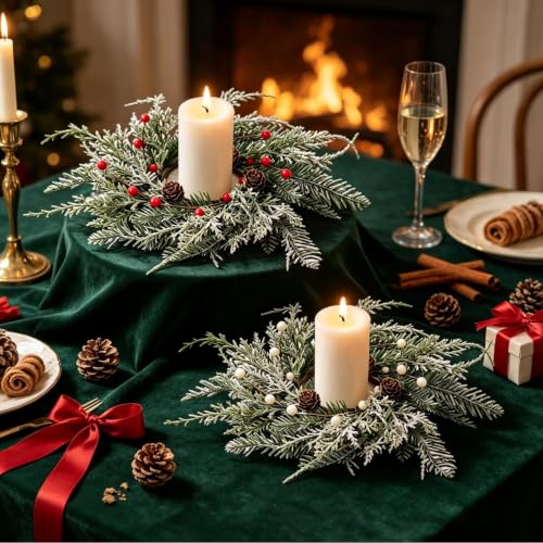 Christmas Berry Candle Wreaths Set of 6 - Faux Cedar Pine Cones Holiday Decor