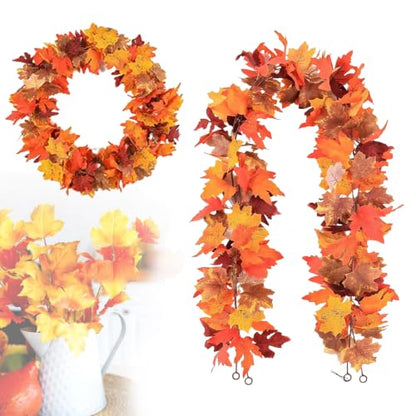 Artificial Maple Leaf Garland 2 Pack Fall Decor 5.9Ft Orange Autumn Thanksgiving
