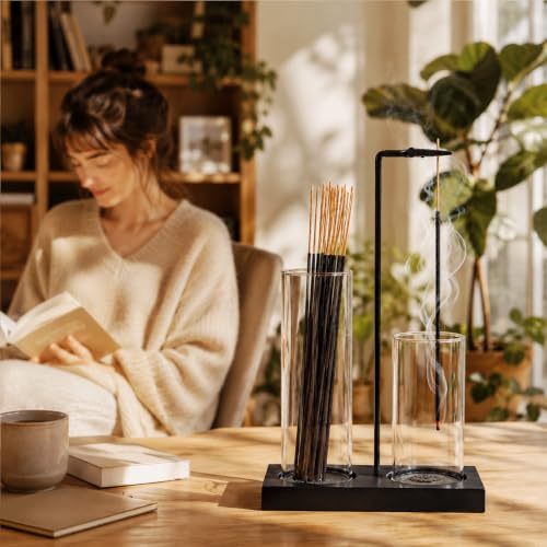 Incense Holder with Glass Ash Catcher and Wooden Base - Home Decor