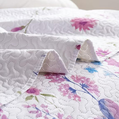 Purple Floral Quilted Bedspread Set for Queen/Full Size Bedding - Lilac Flower Design