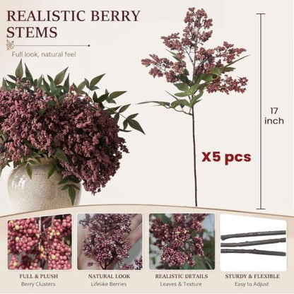 Dusty Plum 17-Inch Faux Nandina Berry Stems - 5 Pack for Vase Decor