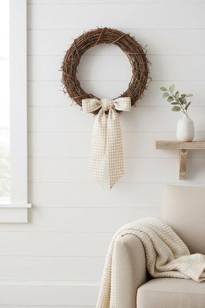 Khaki White Checkered Plaid Bow Ribbon Wreath Sash by [Brand Name] - Rustic Holiday Decor (5.12" x 54.33")