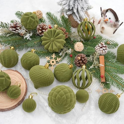 Velvet Christmas Ornaments Set 48pcs Green Shatterproof Holiday Decorations