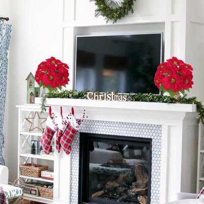 Mini Potted Christmas Poinsettia Flowers - 13 Inch Red Faux Plant, Rustic Decor