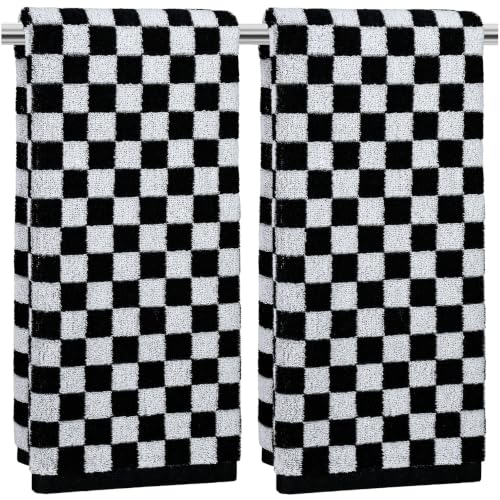 Checkered Hand Towels Set of 2 - Black & White Cotton 13 x 29" - Jacquotha