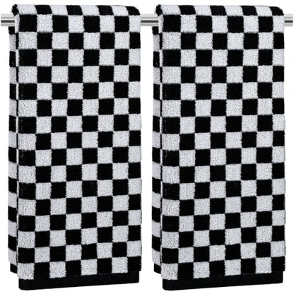 Checkered Hand Towels Set of 2 - Black & White Cotton 13 x 29" - Jacquotha