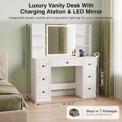 YESHOMY Pure White Makeup Vanity Desk with LED Mirror, UL Charging Hub & 7-Drawer Storage