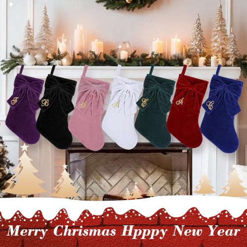 Pink Velvet Christmas Stockings with Elegant Bow - Personalized Monogram, 19 Inch, Family Holiday Decor (Variation: Pink / Letter A)