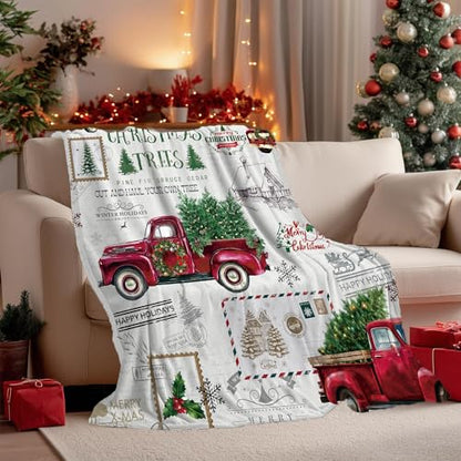 Christmas Throw Blanket - Red Truck Tree Farmhouse Holiday Plush 50x60 Inches - Cozy Fluffy Bed & Sofa Blanket - Variation: 50" x 60"