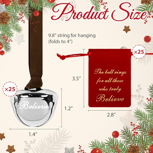 25-Piece Christmas Bell Set with Red Velvet Bags - Silver Holiday Jingle Bells - Santa & Reindeer Ornaments