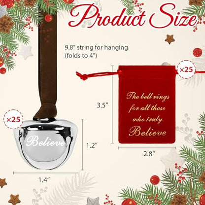 25-Piece Christmas Bell Set with Red Velvet Bags - Silver Holiday Jingle Bells - Santa & Reindeer Ornaments