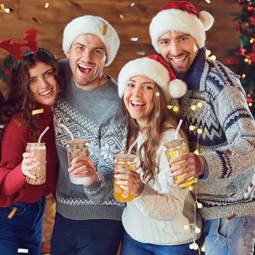 Christmas Glass Cups with Lids and Straws 16oz - Holiday Coffee Mugs Set