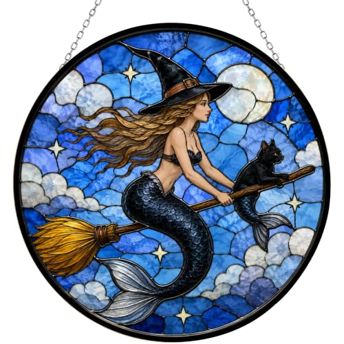 Mermaid Witch Stained Glass Panel 7.9 Inch - UV-Printed Home Decor Suncatcher - Variation 1 / 20cm