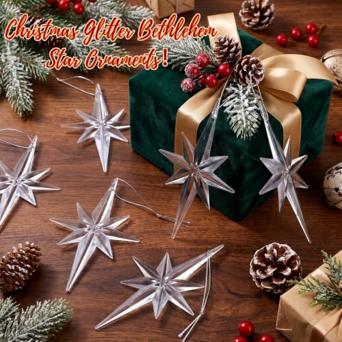 12 Pcs Christmas Bethlehem Star Ornaments - Clear Glitter Holiday Decorations, 4.72 x 2.95 Inches
