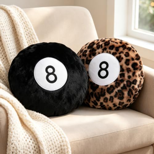 2 Pack Round Plush Throw Pillows - Black and Cheetah Print Billiard Ball Shape