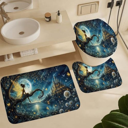 Fairy Moon Castle Night Bathroom Set with Shower Curtain and Flannel Rugs - 71x71 Inches - Non Slip Bath Mats