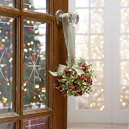 Mistletoe Door Kiss Ball with Red Berries and Gold Bow - Holiday Decor
