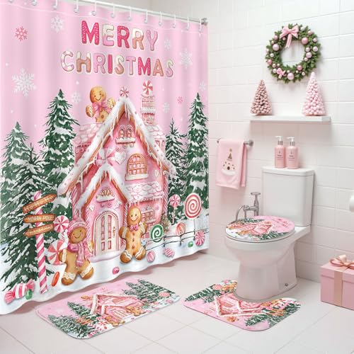 Christmas Shower Curtain Set Pink Gingerbread Holiday Bathroom Decor - 4 Pieces