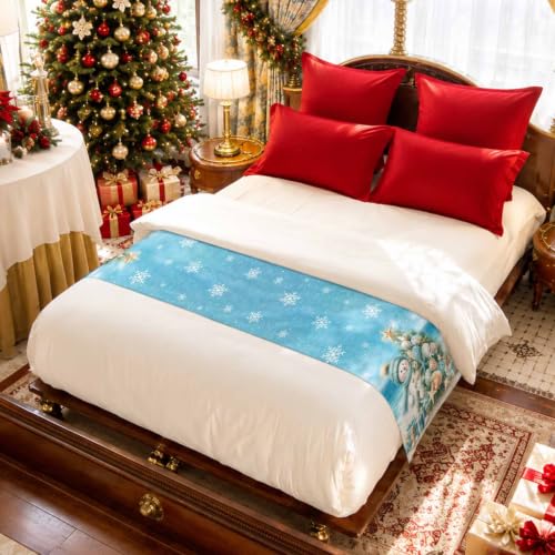 Queen Size Coastal Beach Bed Runner with Christmas Tree Starfish Decor - 83x20 Inches Blue Yellow