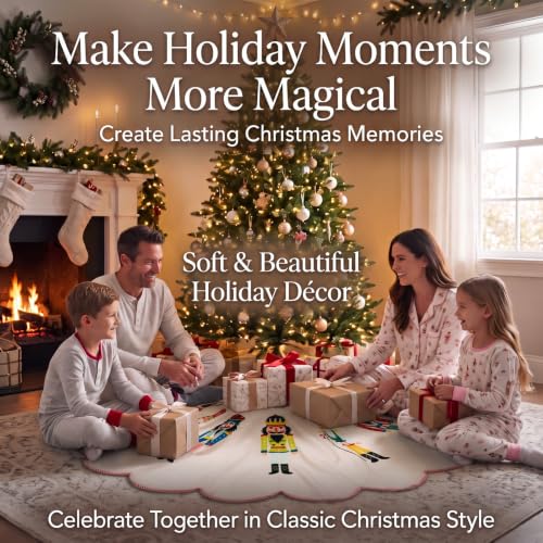 48 Inch Quilted Christmas Tree Skirt with Nutcracker Design - Holiday Decor