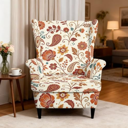 Boho Floral Wingback Chair Cover 2-Piece Slipcover with Arms - Stain-Resistant & Non-Slip, Washable Furniture Protector for Living Room & Bedroom - Variation: Boho Floral / Wingback Chair Covers