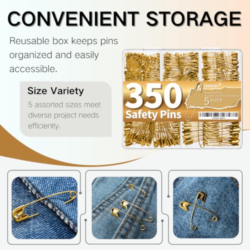 Gold Safety Pins Set 350 Pack Heavy Duty Assorted Sizes - Strong & Rust-Resistant
