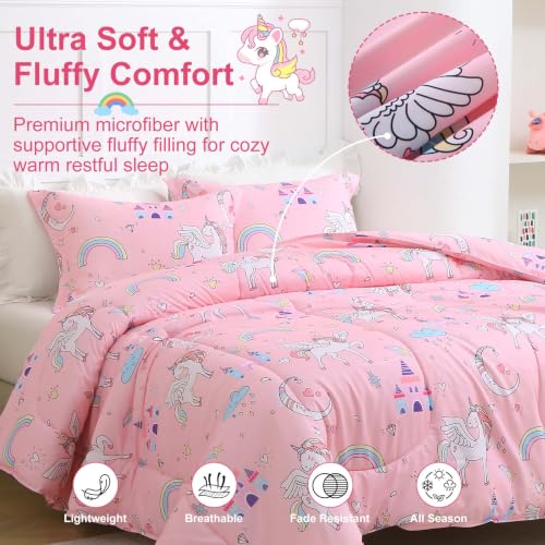 Pink Unicorn Kids Twin Comforter Set - Microfiber Bedding for Girls