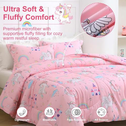 Pink Unicorn Kids Twin Comforter Set - Microfiber Bedding for Girls