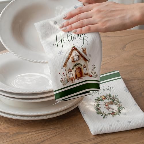 Christmas Kitchen Towels Set of 2 - Green 03, Reindeer & Wreath Design, 16x24 Inch Farmhouse Holiday Decor