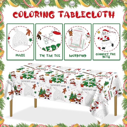2 Pack Christmas Coloring Tablecloths - Kids Holiday Party Supplies - Santa Snowman Design, 54 x 108 inches - Variation 2