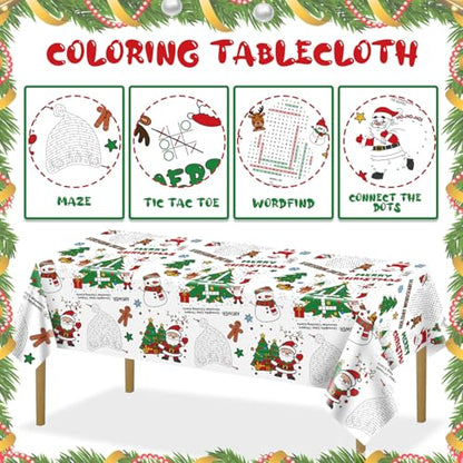 2 Pack Christmas Coloring Tablecloths - Kids Holiday Party Supplies - Santa Snowman Design, 54 x 108 inches - Variation 2