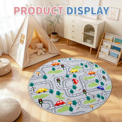 Kids Round Road Track Rug 47x47 Inches - Brown Variation - Car Play Mat for Bedroom & Playroom