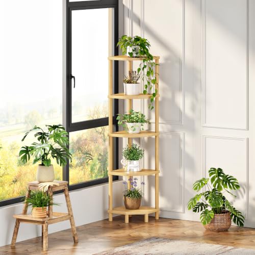 5-Tier Bamboo Corner Shelf Stand Plant Display with Tool-Free Assembly