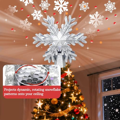 Lighted Snowflake Tree Topper with Rotating Projection for Christmas