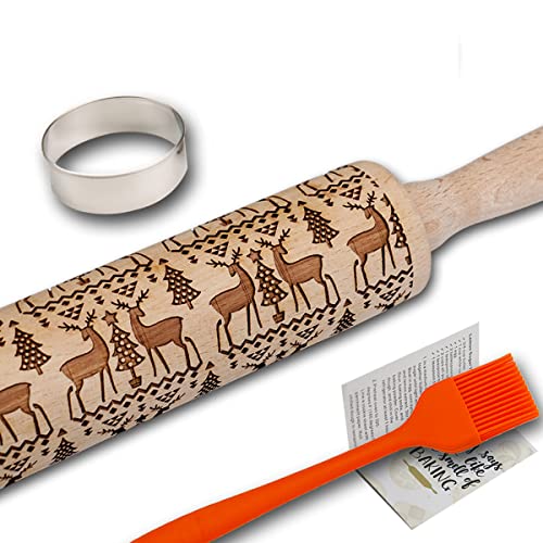 Embossed Rolling Pin for Baking Cookies Embossing Rolling Pins with Design Wooden Engraved Springerle Roller Pin Dough Animal Patterned Clay Pottery Ceramic Stamp Gifts Bakers Women Kids (Cat & Heart)