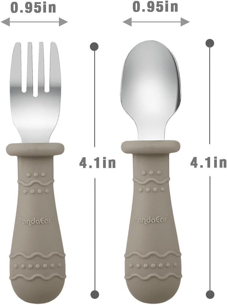 PandaEar Kids Utensils Set - 6 Pack Stainless Steel & Silicone Spoons and Forks | Dishwasher Safe (Light Tan/Walnut/Blue)